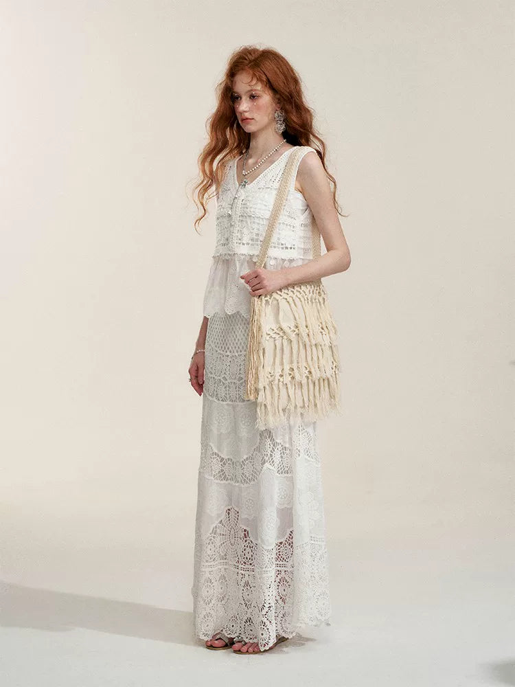 White Floral Embroidery Crochet-Detail Blouse