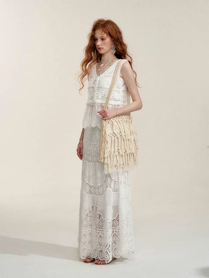 White Floral Embroidery Crochet-Detail Blouse