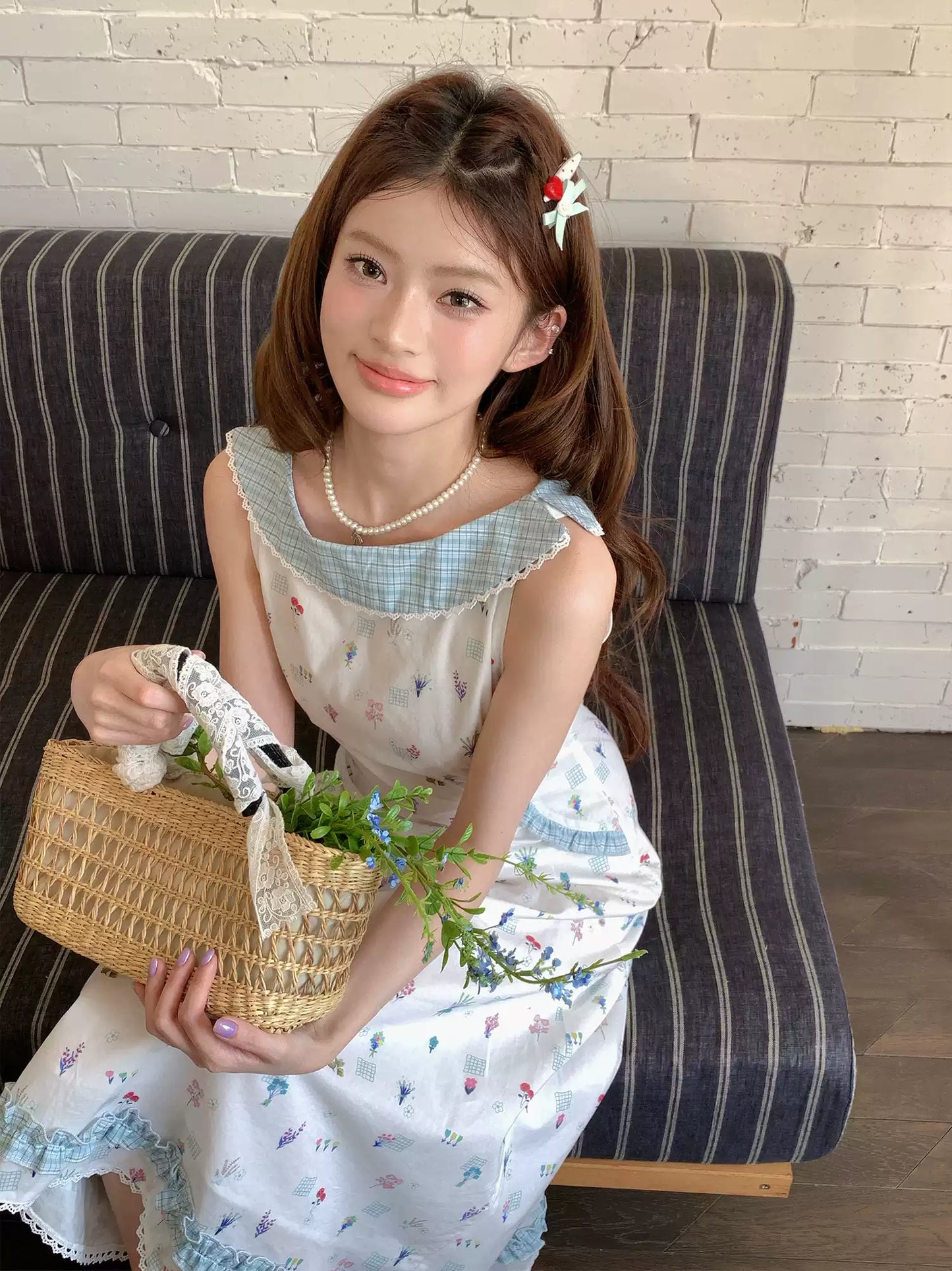 “Blue Meadow Letter” Misty Blue Floral Maxi Dress