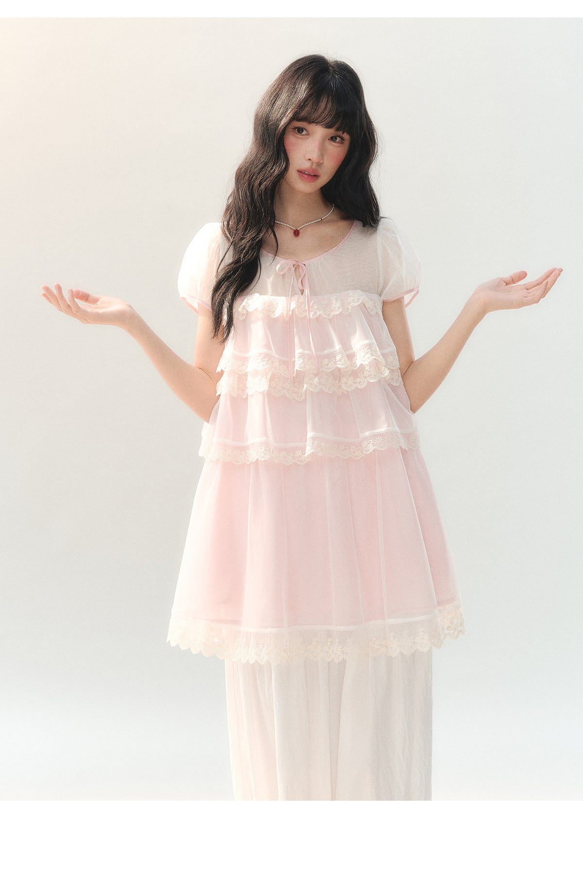 [CAN] "Peach Mist Sorbet" Pink Lace Chiffon Dress Set