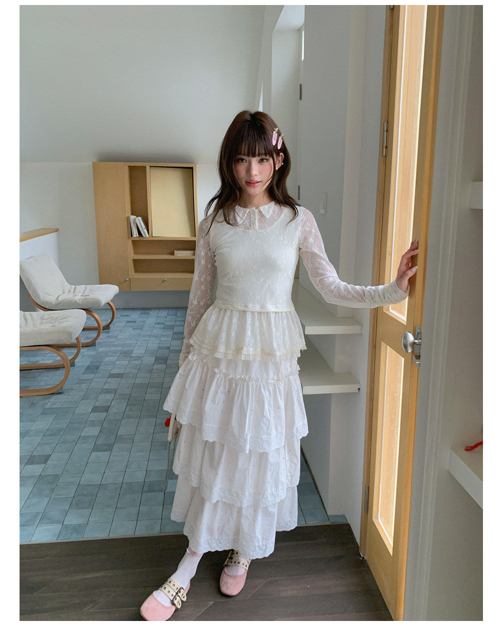 “Soft Veil Sonata” Apricot Layered Lace Mesh Top