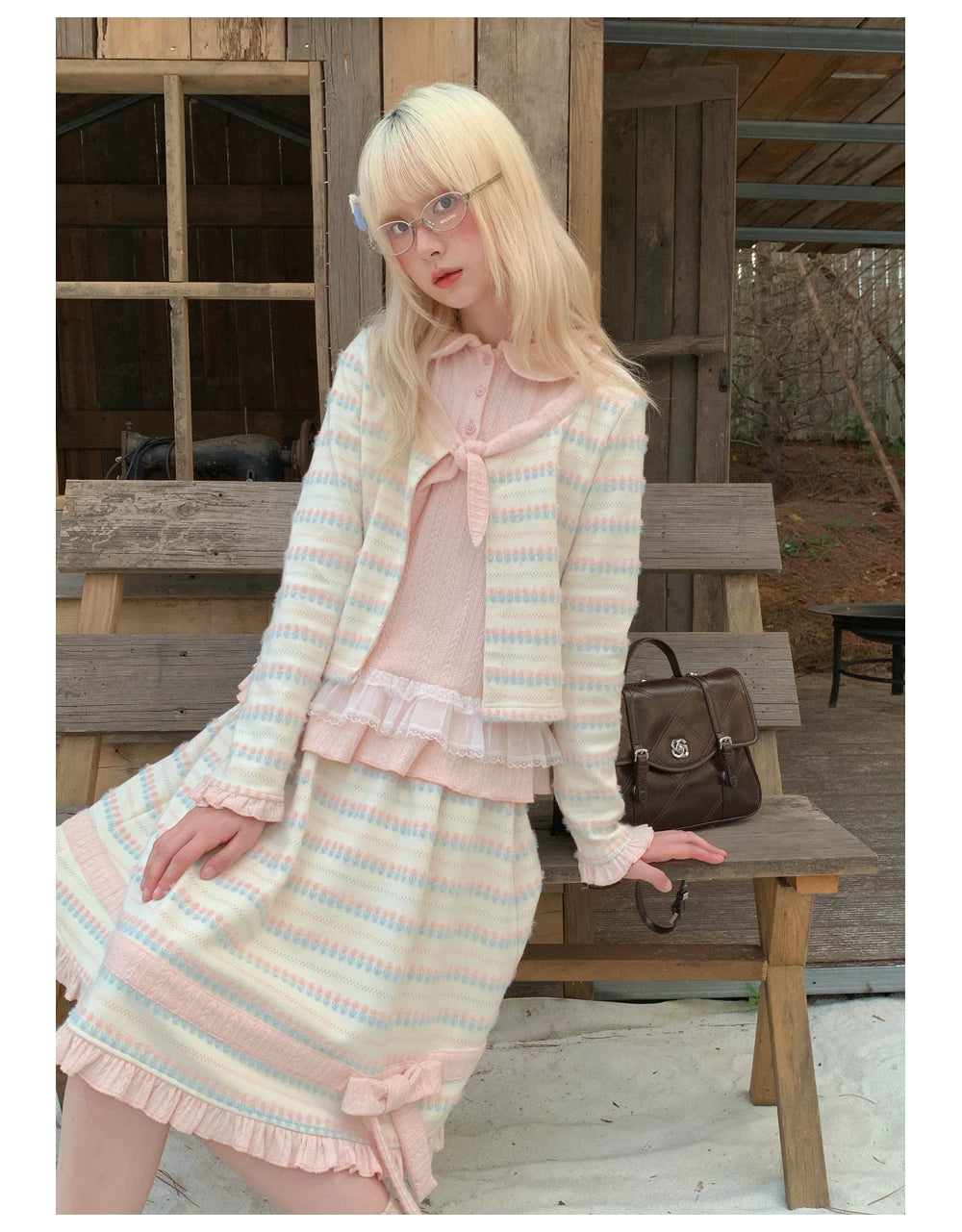RF - Candy Stripe Floral Knit Cardigan and Midi Skirt Set