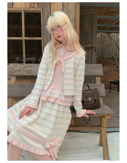 RF - Candy Stripe Floral Knit Cardigan and Midi Skirt Set
