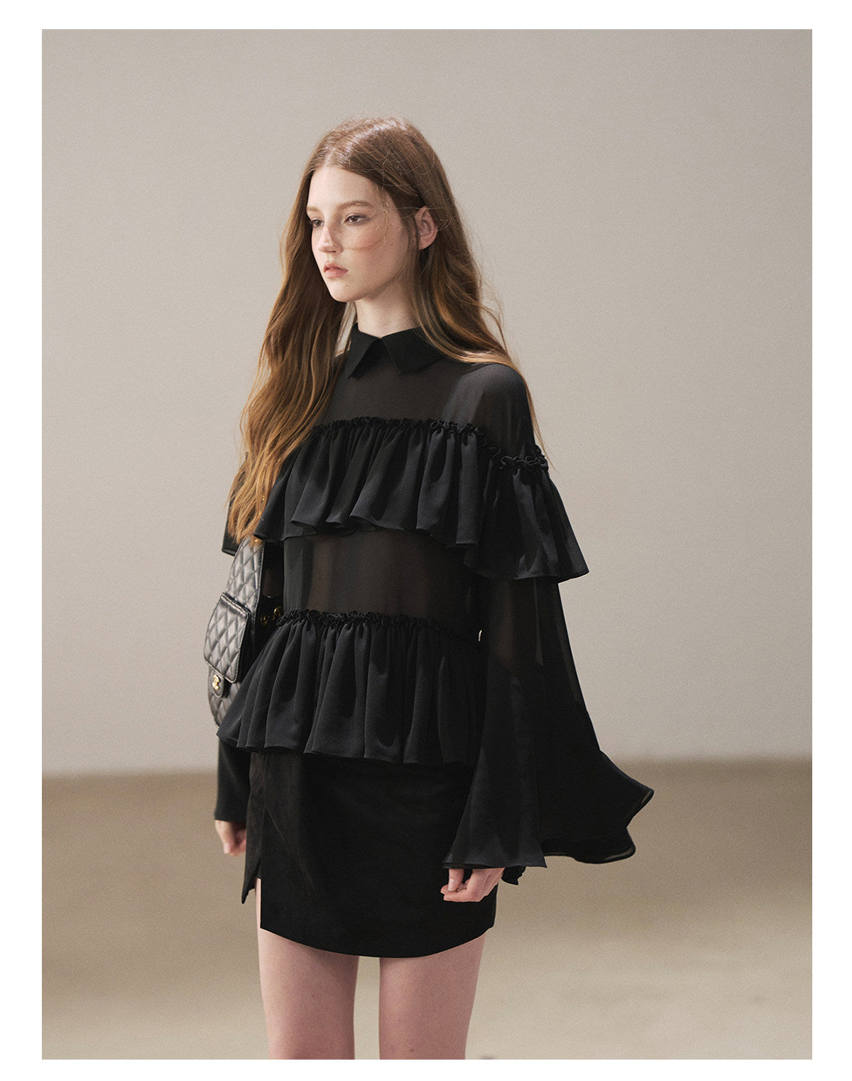170726 "Veiled in the Evening Mist" Tranquil Black Ruffle Blouse