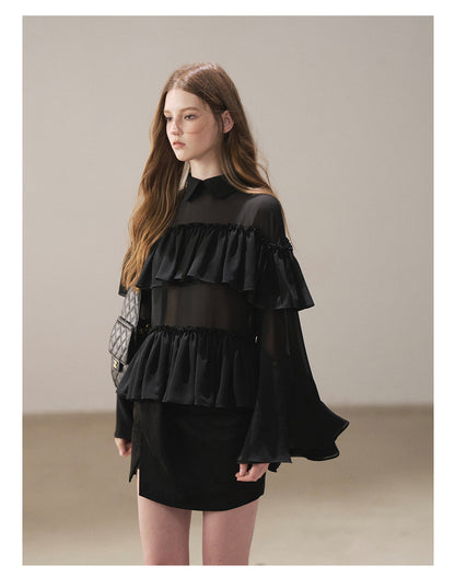 170726 "Veiled in the Evening Mist" Tranquil Black Ruffle Blouse