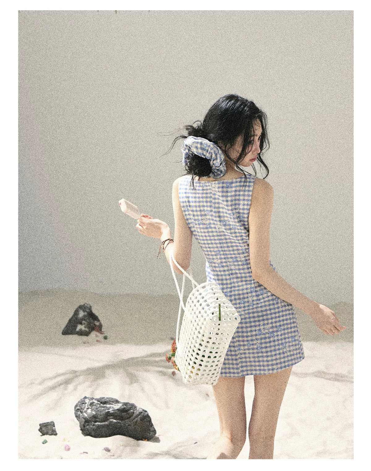 "Sea Breeze Reverie" Sky Blue Embroidered Plaid Mini Dress (With Matching Scrunchie)