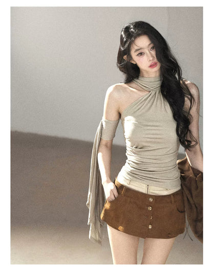 AOMALM - Halter Neck Off-Shoulder Cropped Tee in Milk Tea
