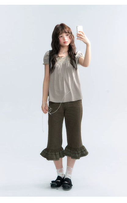 "Vintage Cream" Milk Gray Lace Trim Puff Sleeve T-Shirt