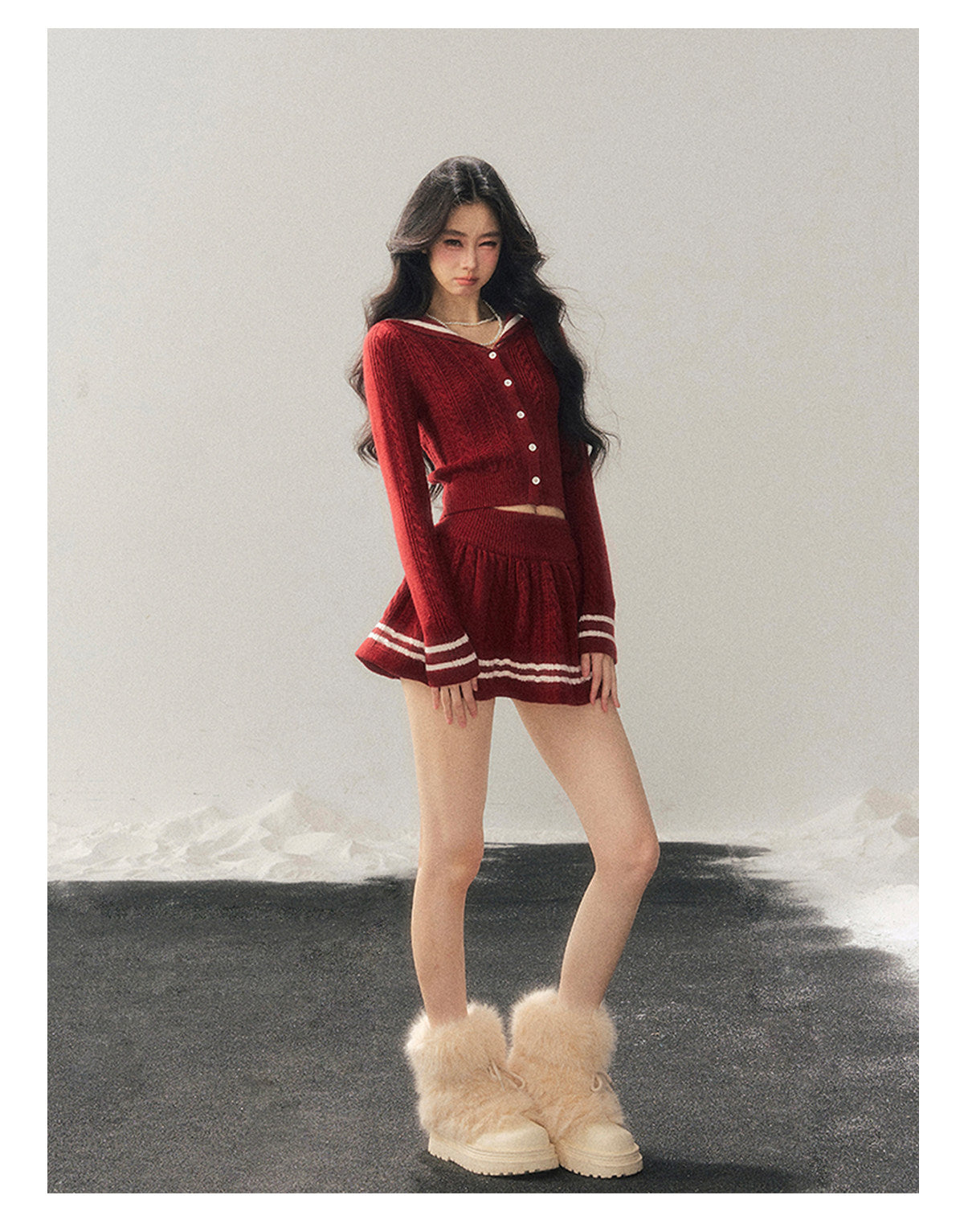 少也眼 "Whispers of the Evening Breeze" Collegiate Red Knit Two-Piece Set