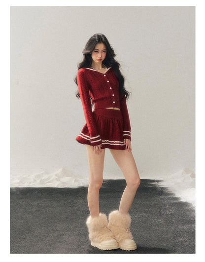 少也眼 "Whispers of the Evening Breeze" Collegiate Red Knit Two-Piece Set