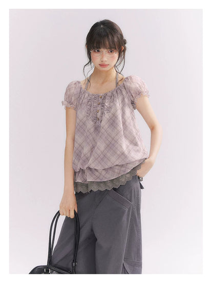 “Misty Plum Plaid” Gray-Purple Plaid Lace Trim Halter Top