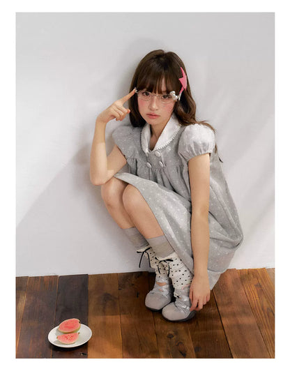 “Grey Sugar Cloud” Grey Polka Dot Doll Collar Dress