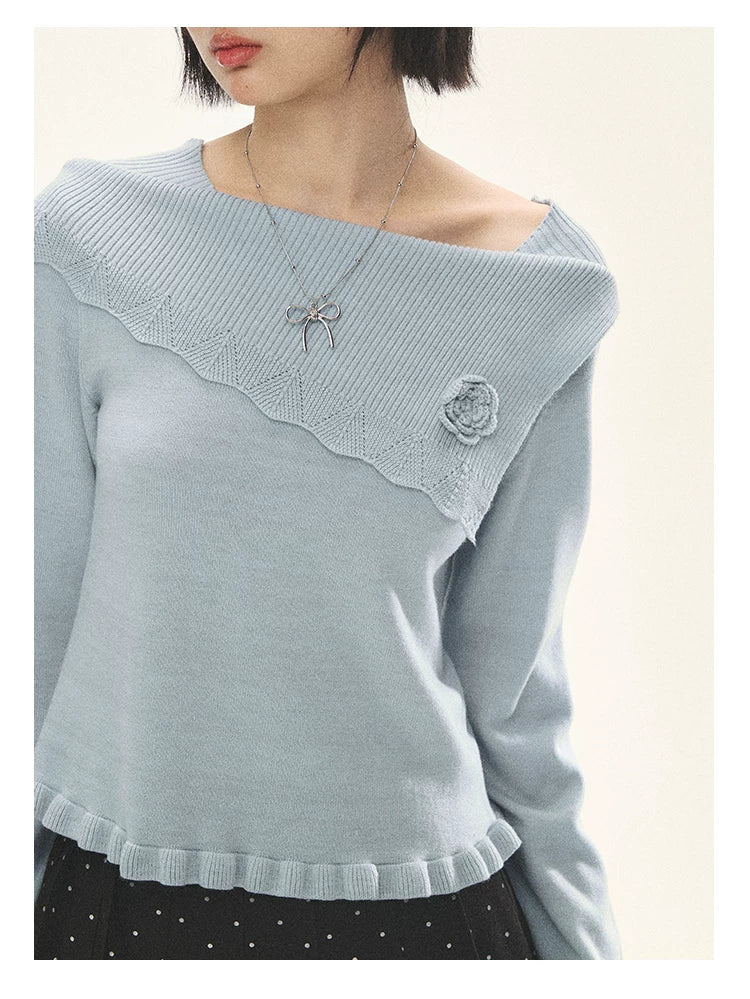 "Sea Salt Bloom" Sea Salt Blue Off-Shoulder Ruffle Knit Sweater