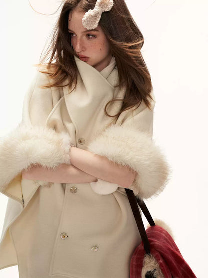 MAMC - White Scarf-Trim Faux Fur Cape Jacket WE889