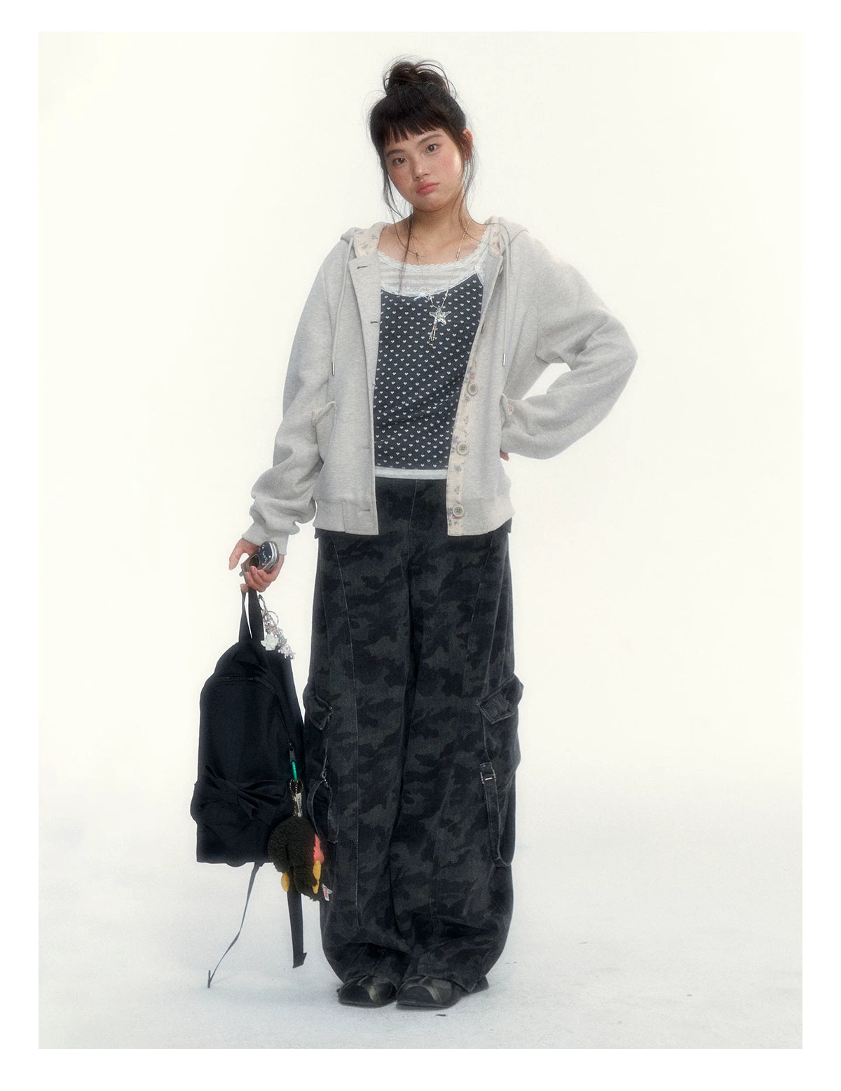 “Early Gray” Light Gray Striped Lace-Trimmed Fitted Long-Sleeve Top