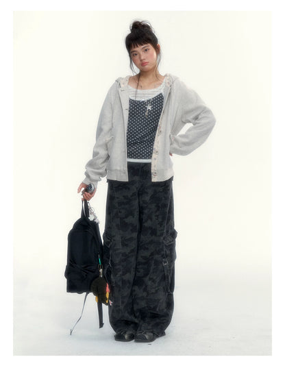 “Early Gray” Light Gray Striped Lace-Trimmed Fitted Long-Sleeve Top