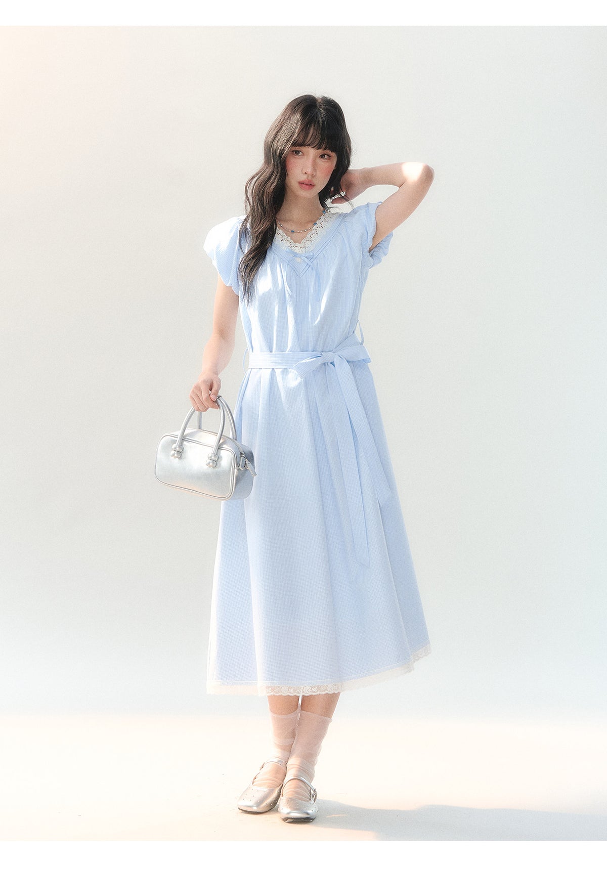 [CAN] "Cloud Daydream" Sky Blue Plaid Lace V-Neck Puff Sleeve Dress