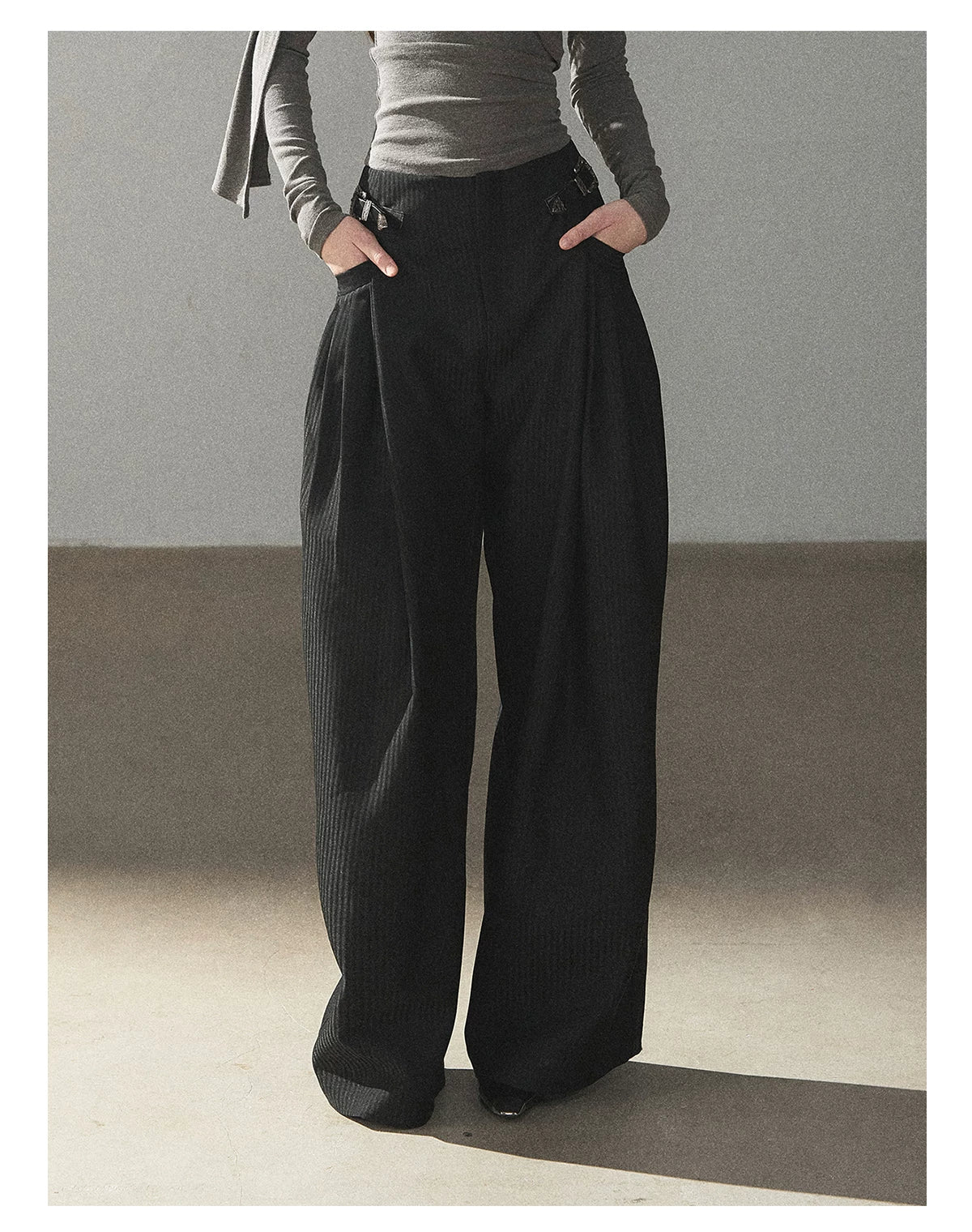 AOMALM - "Midnight Glow" Black Striped Satin Wide-Leg Pants