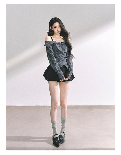 少也眼 "London Reveries" Off-Shoulder Plaid Sun-Proof Shirt - Charcoal Black