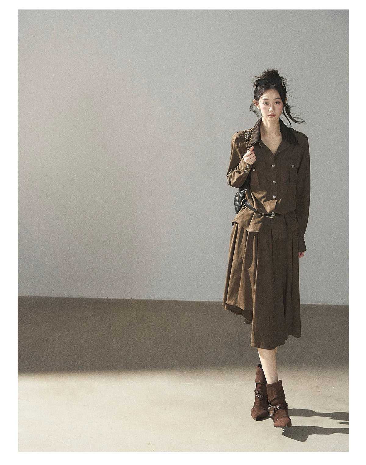 AOMALM - Terracotta Brown Shirt & Pleated Mini Skirt Set (With Belt)