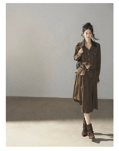 AOMALM - Terracotta Brown Shirt & Pleated Mini Skirt Set (With Belt)
