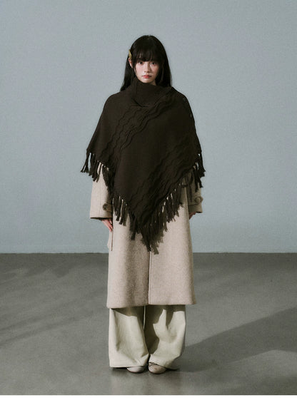 LOST FOREST - Wool-Blend Bow Graphic Fringe Cape Shawl (Coffee / Dark Gray)