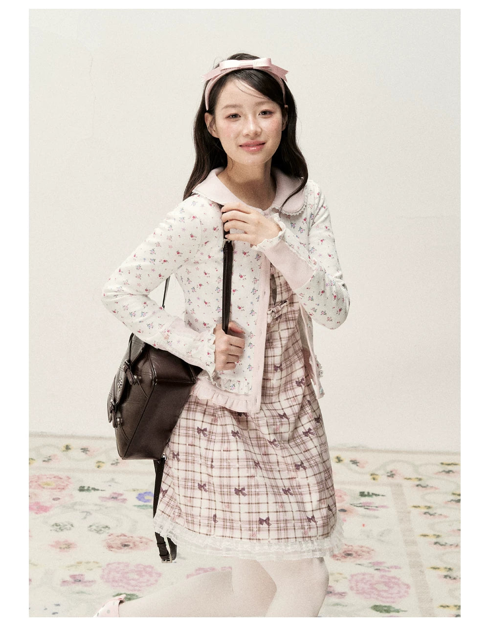 [RF] Waffle Texture Peter Pan Collar Floral Cardigan in Soft Pink