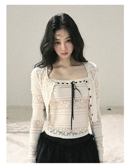 "Summer Shimmer Reverie" Creamy Oat White Lace Cutout Cardigan & Camisole Set 5864536513