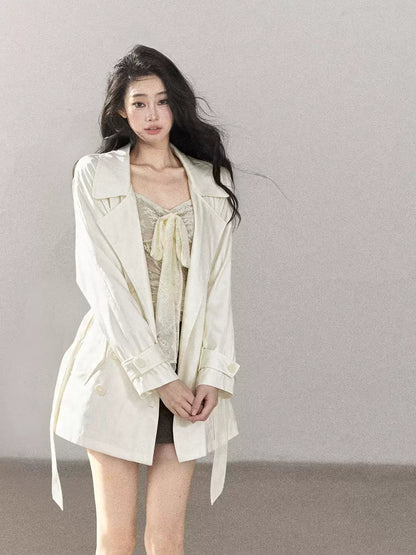 AOMALM - Ballet Pink Satin Cropped Trench Coat with Belt
