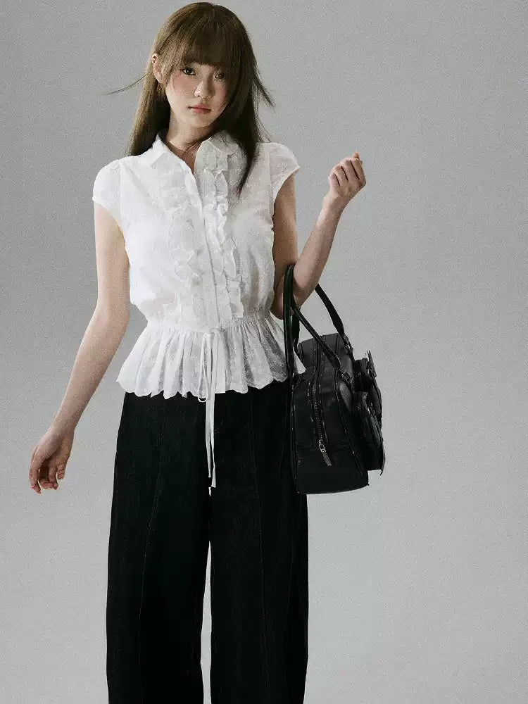 LOST FOREST - White Embroidered Ruffle Sleeve Cotton Blouse