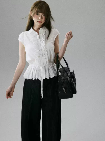 LOST FOREST - White Embroidered Ruffle Sleeve Cotton Blouse