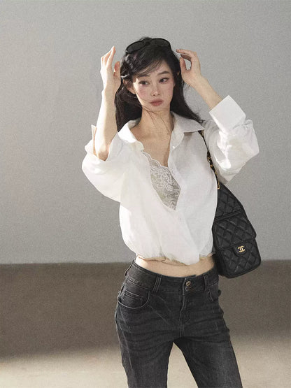 AOMALM - "Wandering Sunlight" Almond Beige Faux Two-Piece Lace Shirt Top