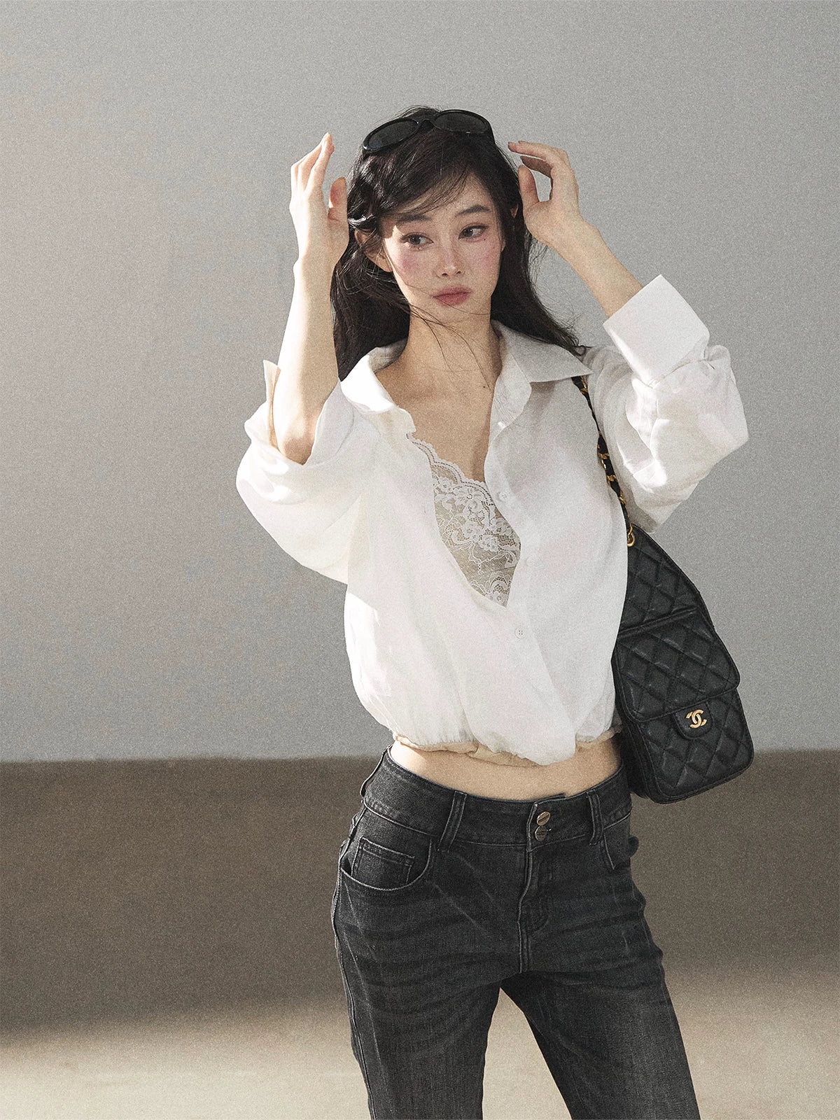 AOMALM - "Wandering Sunlight" Almond Beige Faux Two-Piece Lace Shirt Top