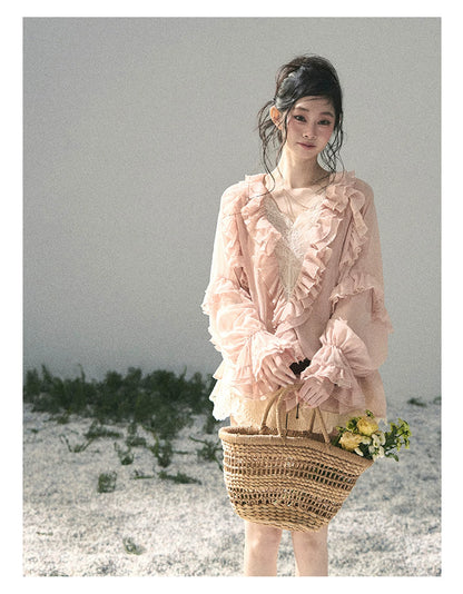 “Whispers of the Wind” Blush Pink Lace Chiffon Blouse (With Belt)