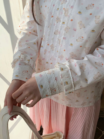 “Pudding Bear Letter” White Teddy Print Lace Blouse