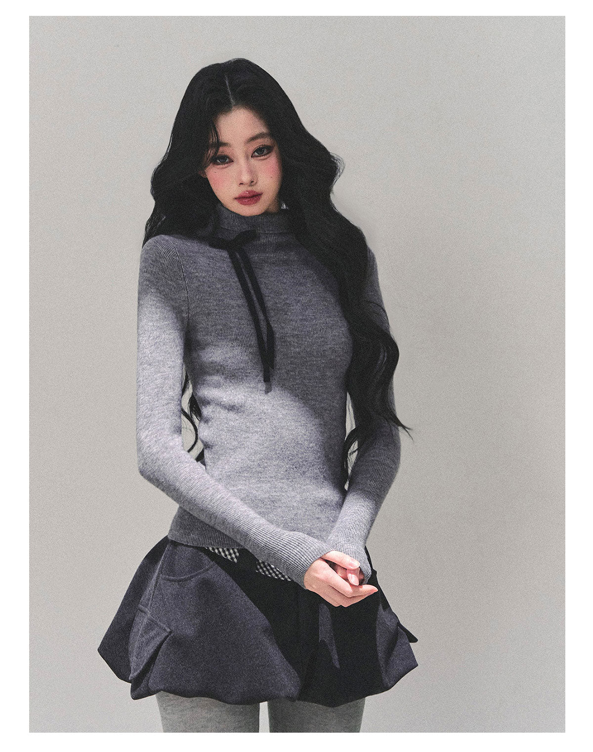 少也眼 “Velvet Touch” Semi-Turtleneck Long Sleeve Knit Top - Gray 586255478