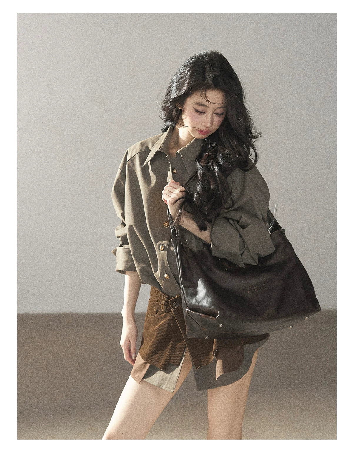 AOMALM - "Autumn Botanicals" Sage Green Striped Shirt & Wrap Faux Half-Skirt Set