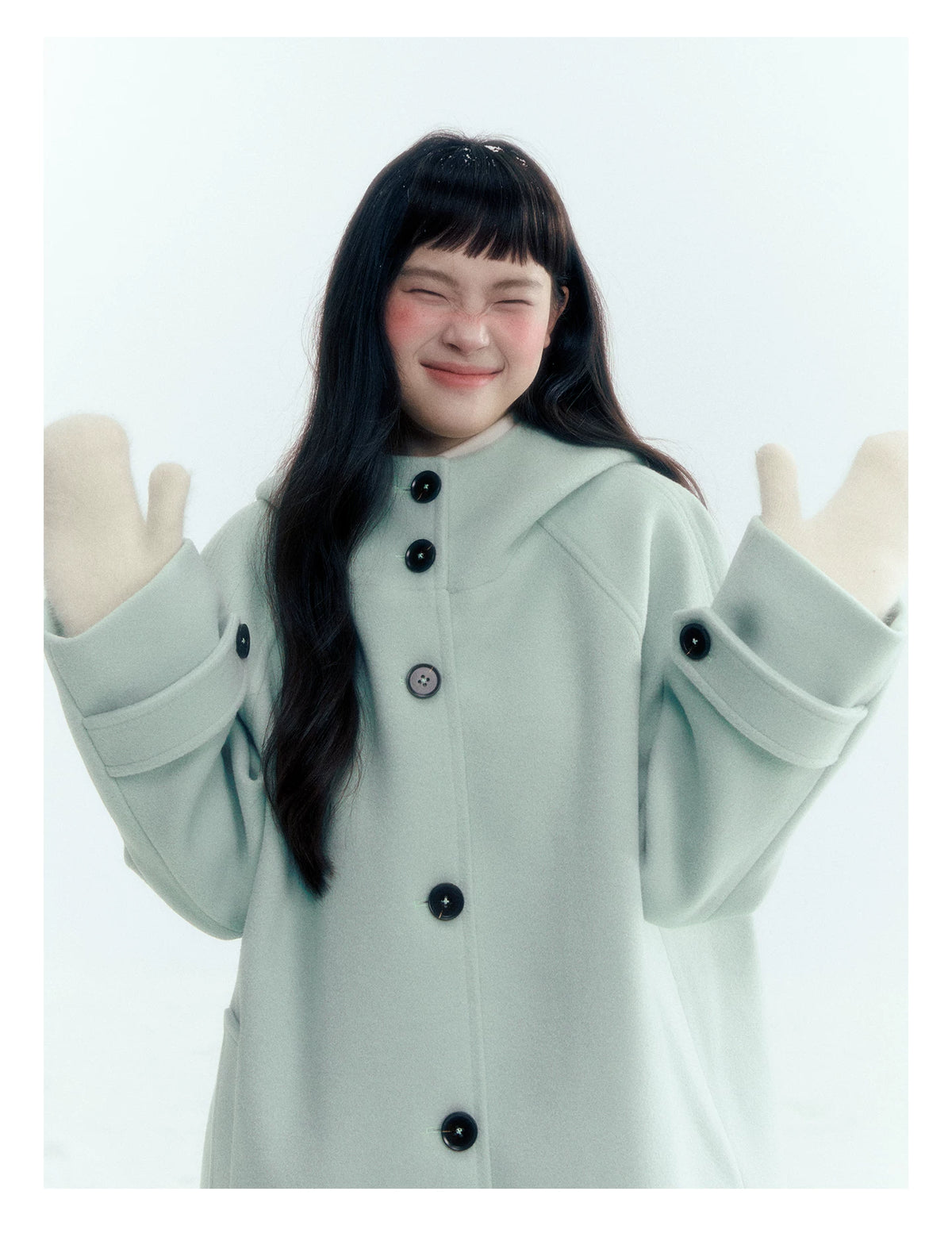 Pale Aqua Green Hooded Cocoon Wool-Blend Coat