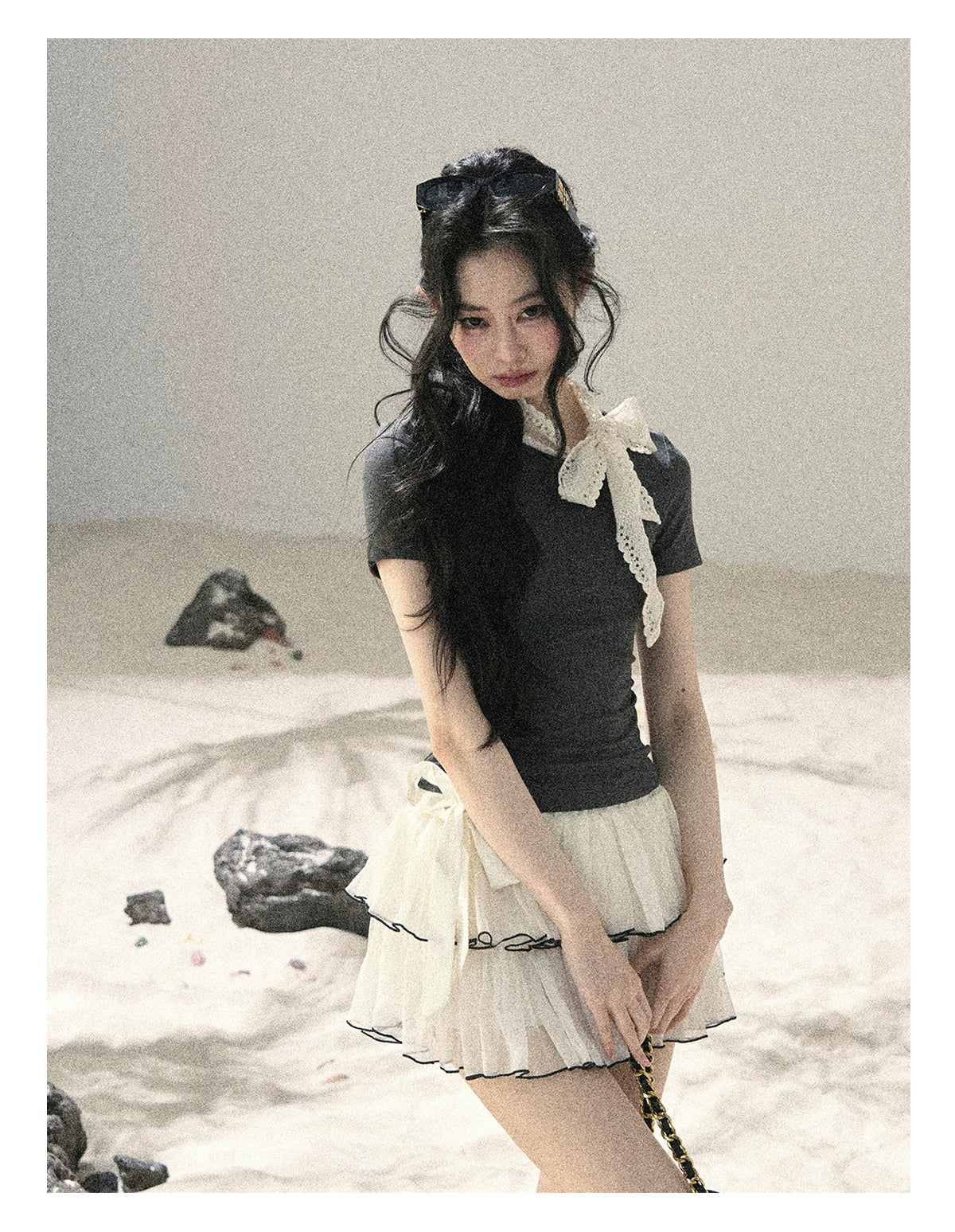"Shadows & Soft Clouds" Slate Gray Bow Accent Crop Top