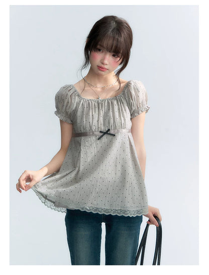 "Polka Dot Constellation" Gray Polka Dot Square Neck Puff Sleeve Top