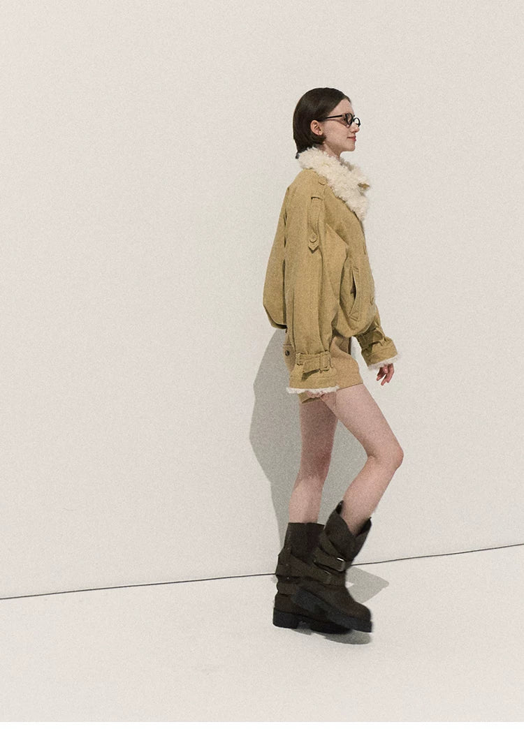 OAKMOO/ Cropped Faux Leather Shearling-Collar Jacket (Rich Black / Hazelnut Khaki)