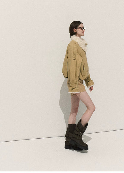 OAKMOO/ Cropped Faux Leather Shearling-Collar Jacket (Rich Black / Hazelnut Khaki)