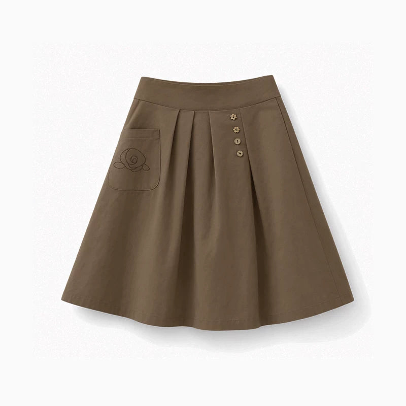 DAILY ARTIST - Coffee Brown Rose Embroidered Pleated A-Line Skirt