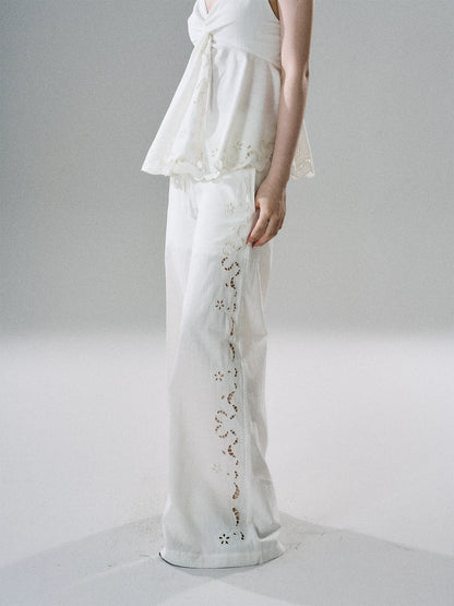 LOST FOREST - White Embroidered Linen-Blend Camisole & Wide-Leg Pants Set