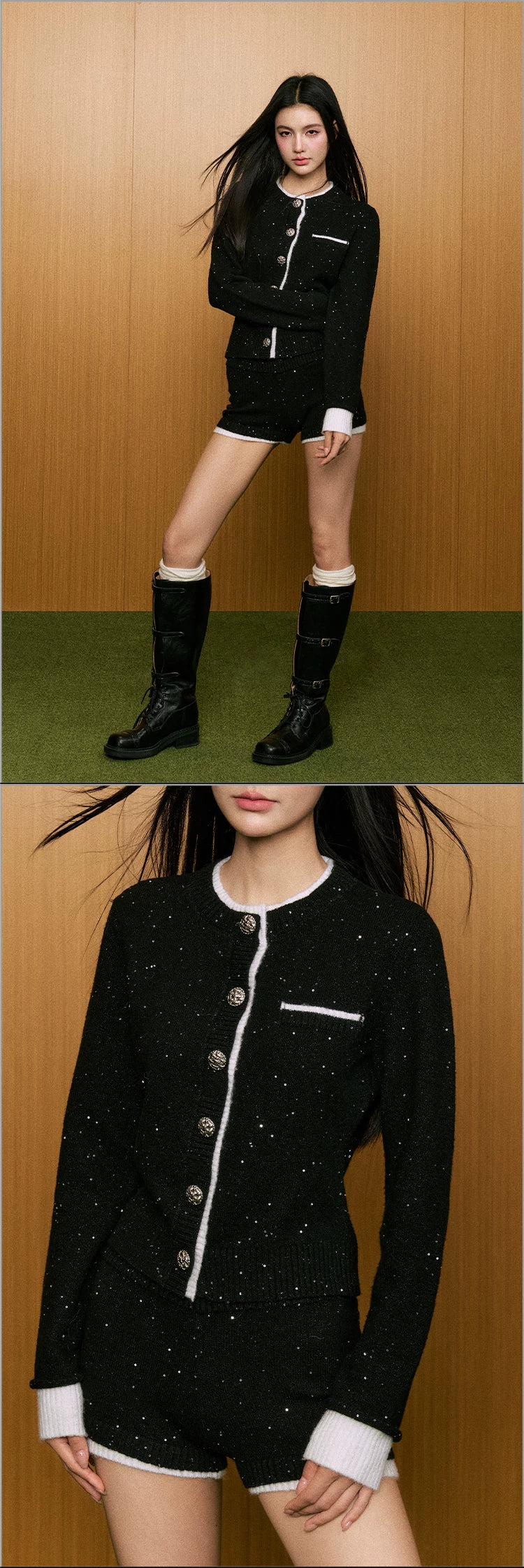 Black Sequin Knit Top & Shorts Two-Piece Set