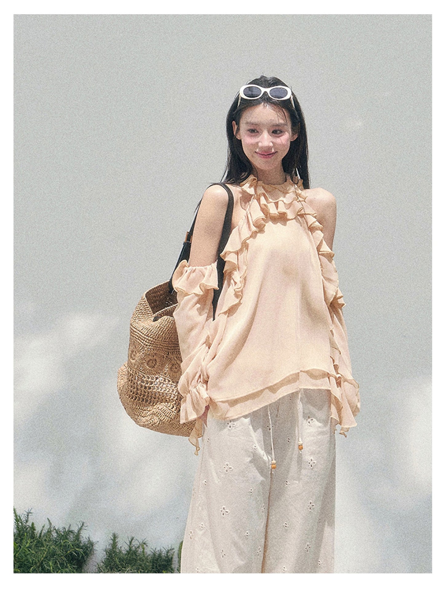 少也眼 “Heidi Heiress” Light Sand Sheer Ruffle Top 142
