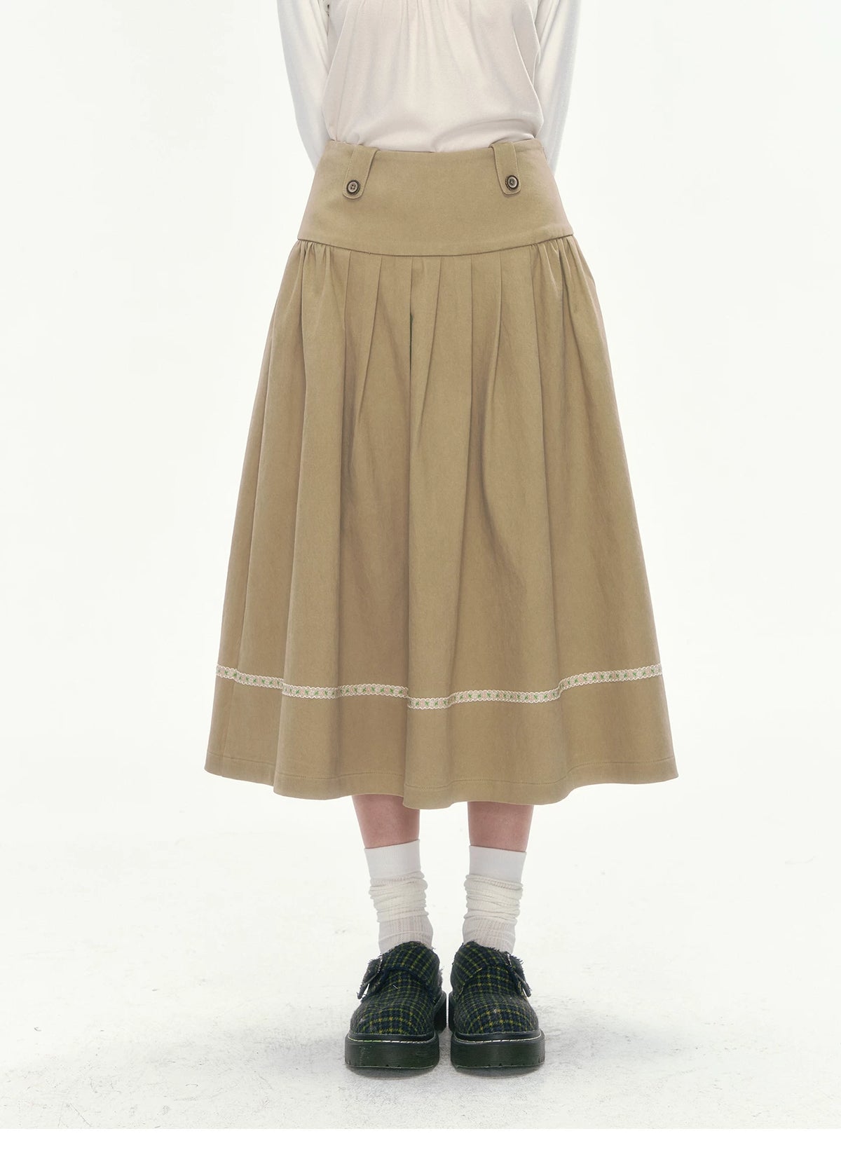[CAN] Khaki Peter Pan Collar Jacket & Midi Skirt Set