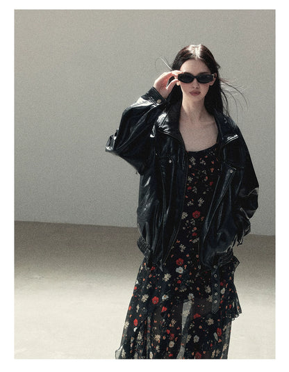 AOMALM - "Solo Journey" Quiet Black Oversized PU Moto Jacket