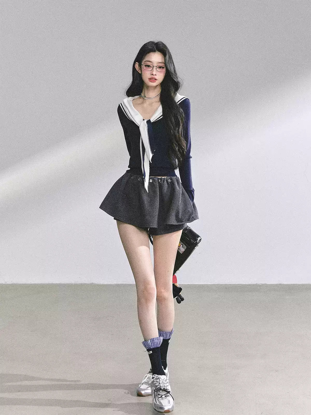 少也眼 Nautical Sailor Collar Long Sleeve Knit Tee