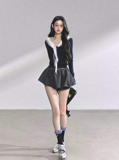 少也眼 Nautical Sailor Collar Long Sleeve Knit Tee